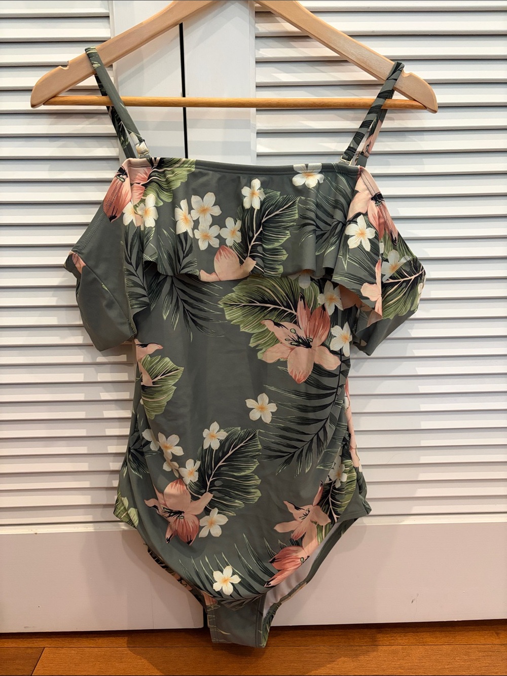 Kona Sol Olive Floral Removable Straps Swimsuit with Pink Blooms Size M